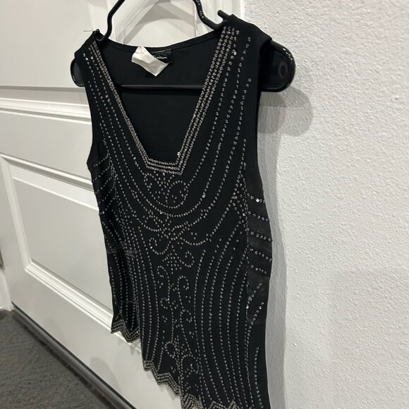 S Levine Black Beaded Sleeveless Top V-Neck Zigzag Hem Size M Statement Sparkle - Picture 3 of 8